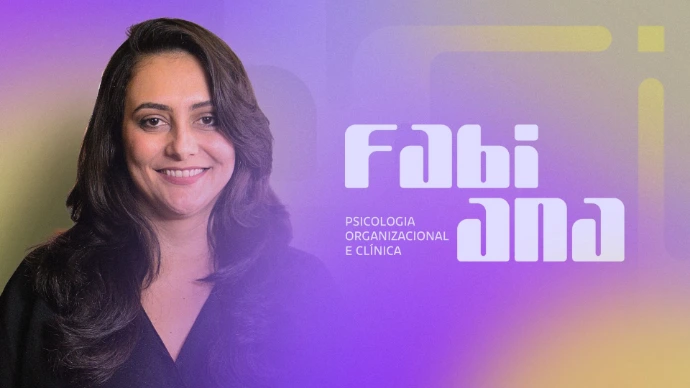 Foto de Fabiana ao lado do seu logotipo com efeitos de cores ao fundo.
